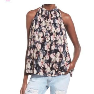 Leith Womens Floral Pleat Tie Neck Blouse, Size XS